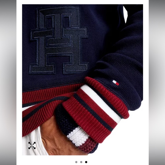 Tommy Hilfiger Men's Monogram Logo Appliqué Knit Navy Blue Varsity Bomber. - Picture 3 of 14